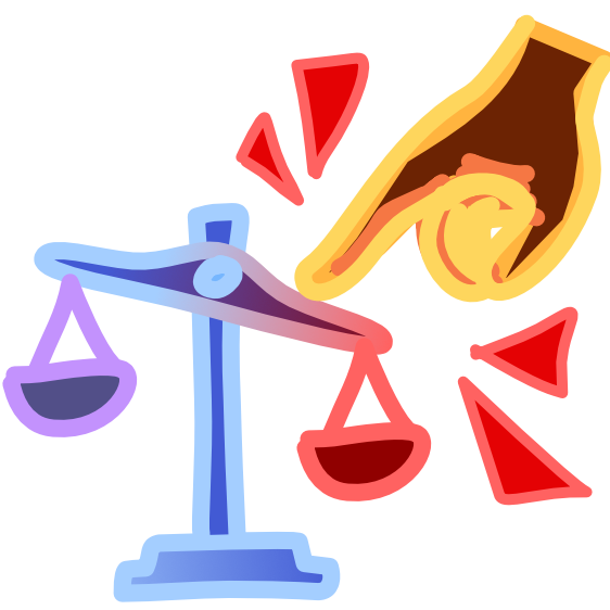 A blue equal arm balance scale is tipped to the right. The left pan is purple, the right red, and the beam they hang from grades from blue to red. A brown hand  with yellow line art resting the tip of one finger against the scale is responsible for this tip. Red Emphasis triangles sit around the hand. The image has light line art